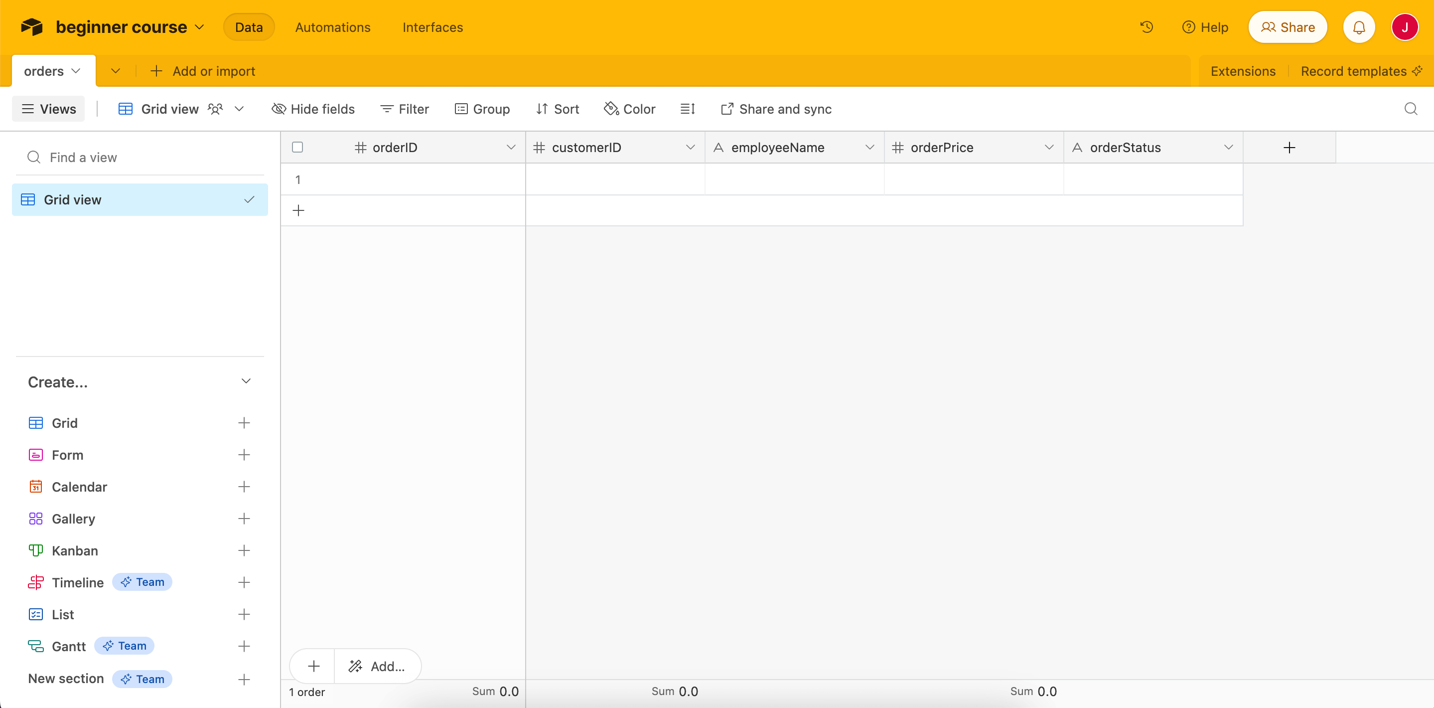 Orders table in Airtable